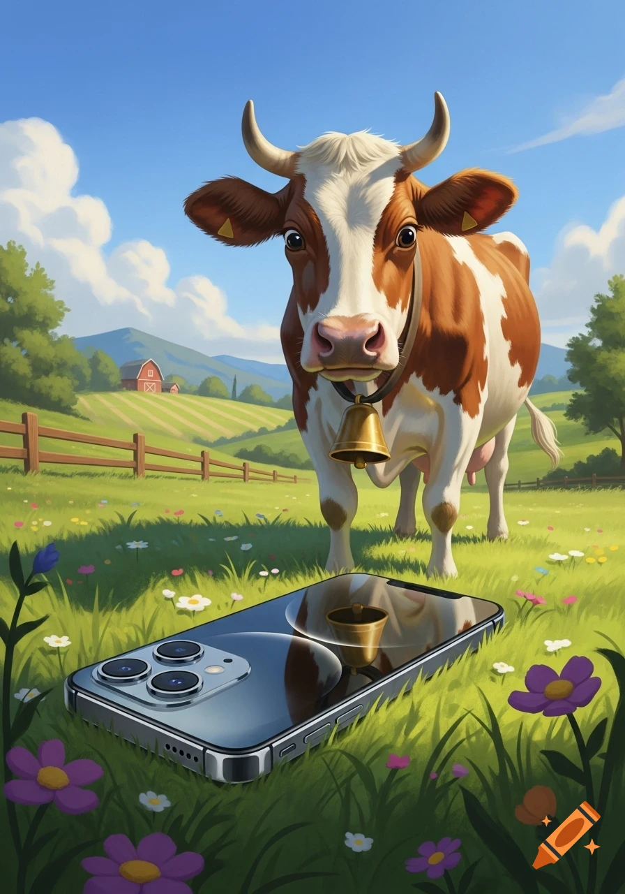A stylized illustration of a brown and white cow with a bell standing in a green field, looking down at an iPhone lying on the grass.