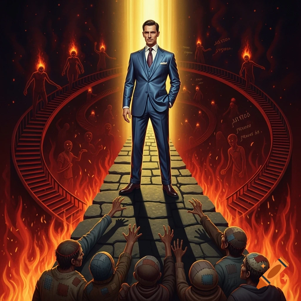 A man in a blue suit stands on a stone path, illuminated by a bright light, as suffering figures in flames reach up from below in a hellish landscape with a spiral staircase.