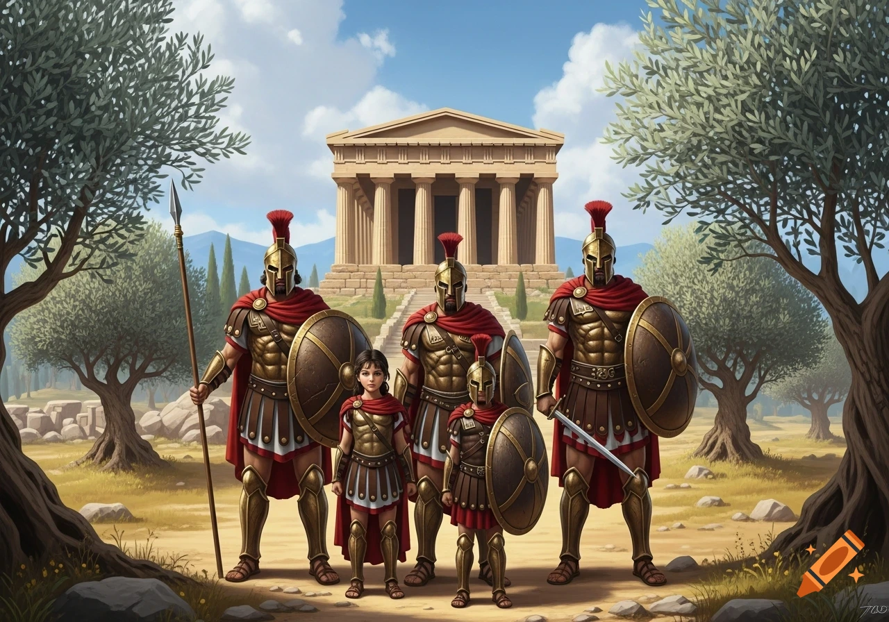 Four armored Spartan warriors, two adults and two children, stand proudly before a Greek temple, flanked by olive trees, under a blue sky.