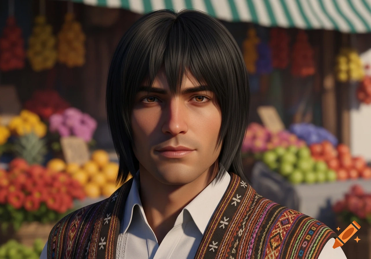 A stylized render of a man with dark hair and brown eyes, wearing a patterned vest, in front of a blurred market stall.