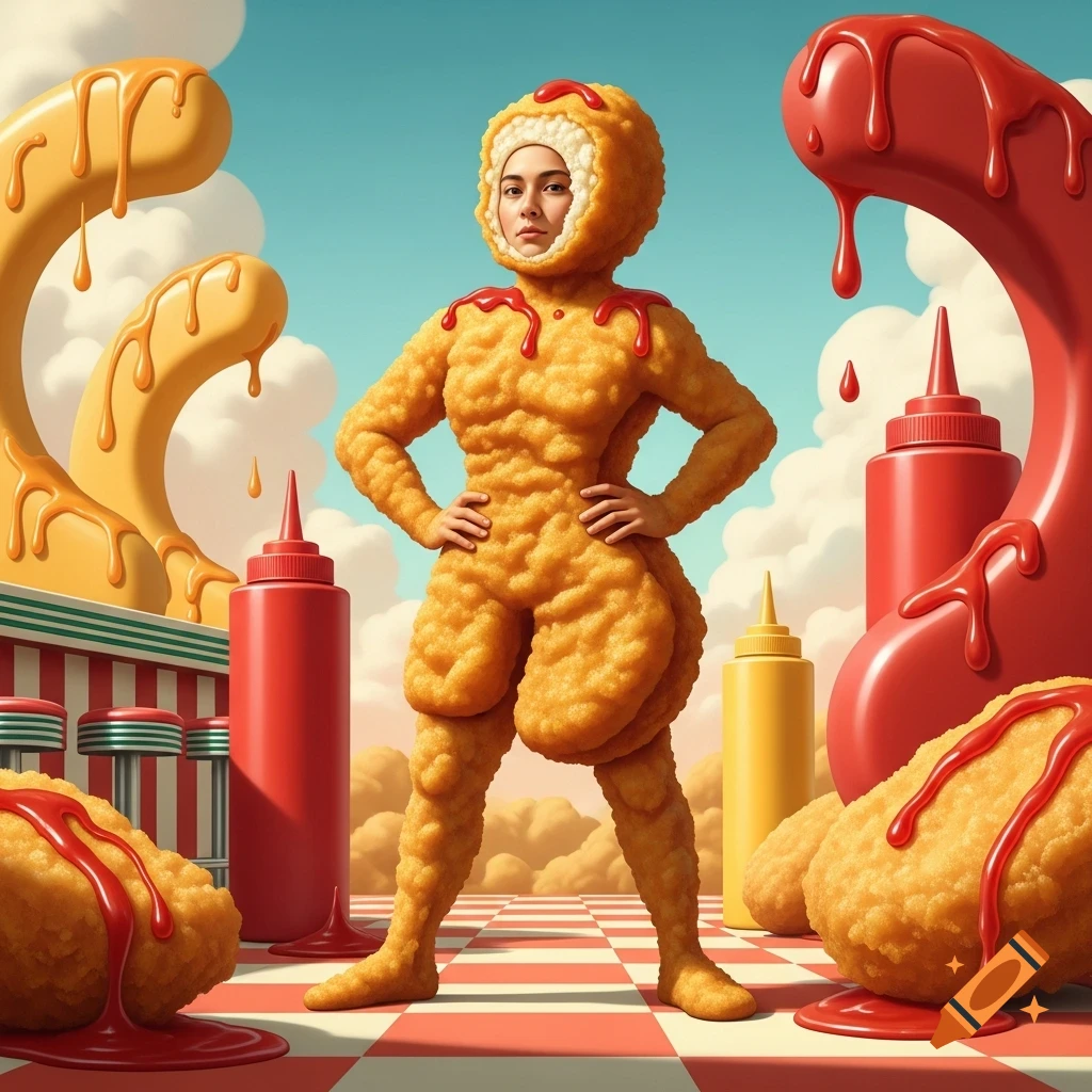 A person in a detailed chicken nugget costume stands amidst giant ketchup, mustard, and large nuggets on a checkered floor under a blue sky.