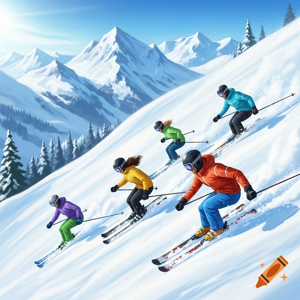 Four skiers in colorful gear descend a snowy mountain under a clear blue sky, with majestic snow-capped peaks in the background.