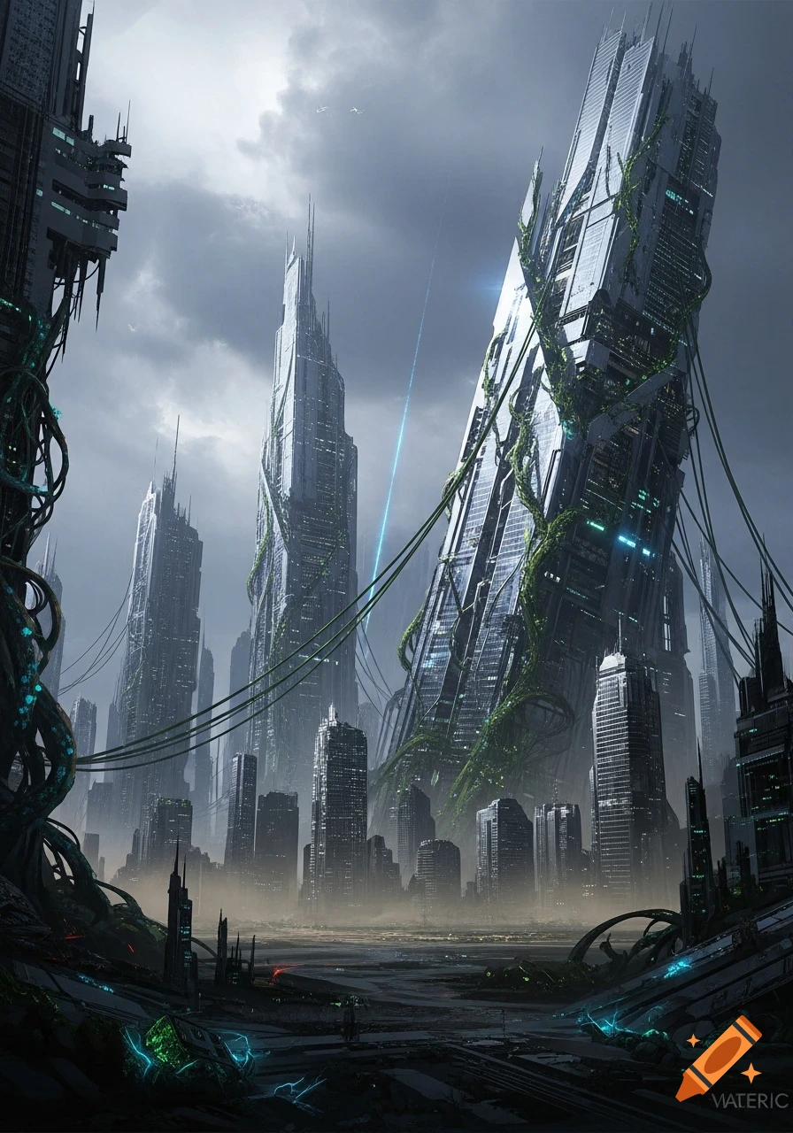 Dark, atmospheric sci-fi cityscape featuring towering, dilapidated skyscrapers overgrown with vines and glowing accents under a cloudy sky.