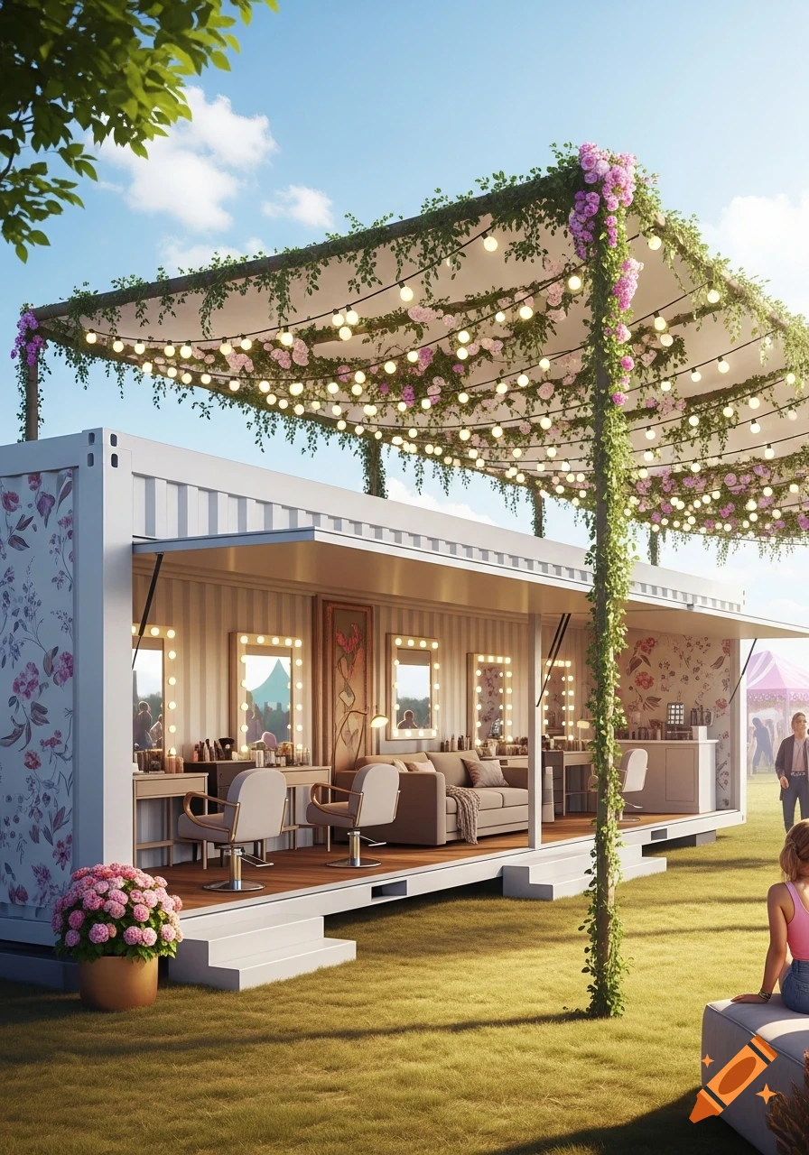 A chic mobile beauty salon crafted from a container, adorned with flowers and string lights, set up on a grassy field at a festival.