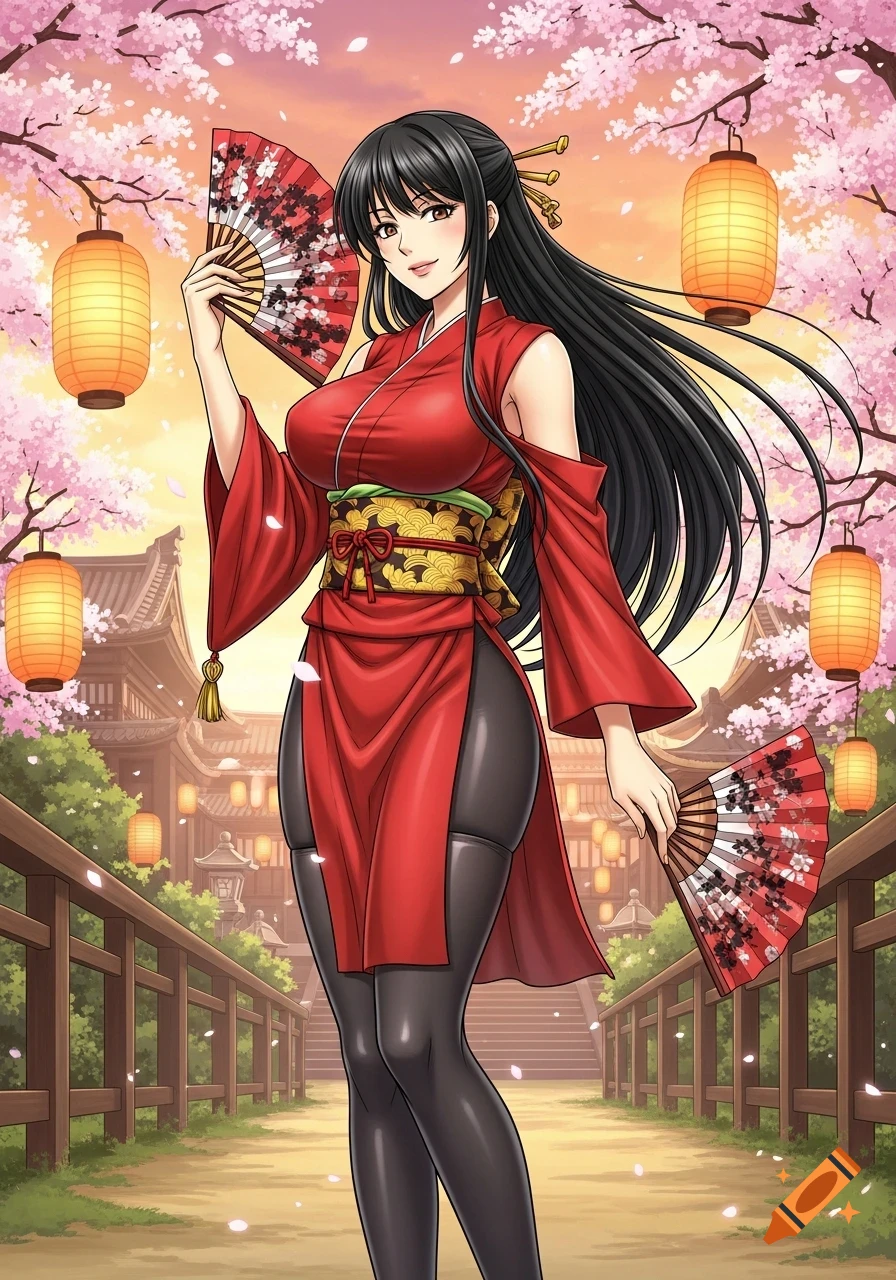 Anime woman in a red kimono and black leggings, holding two fans, standing under cherry blossoms with traditional Japanese architecture in the background.