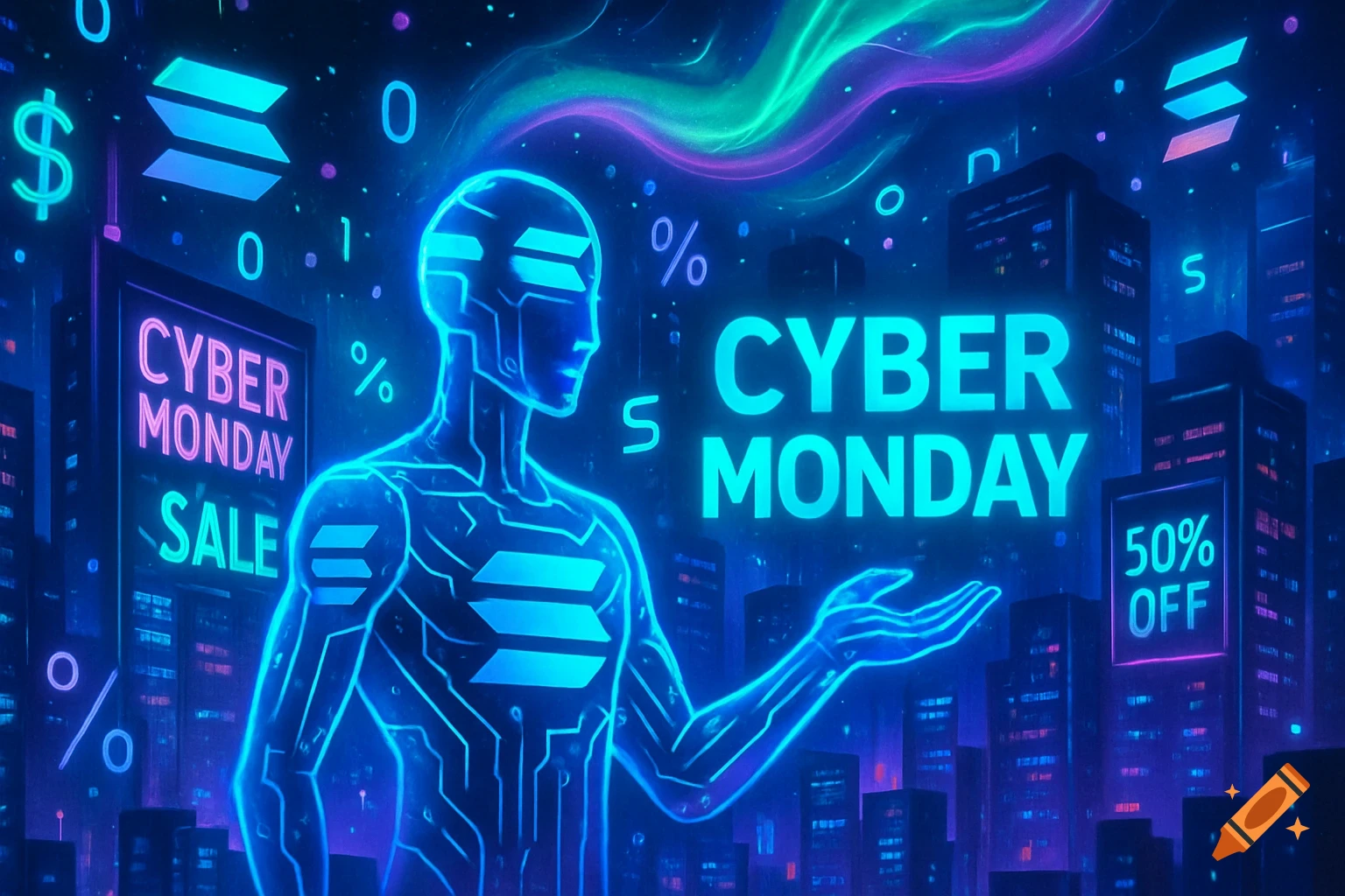 A futuristic neon cityscape at night features a glowing humanoid figure and signs for "Cyber Monday Sale" and "50% Off" amidst digital symbols.