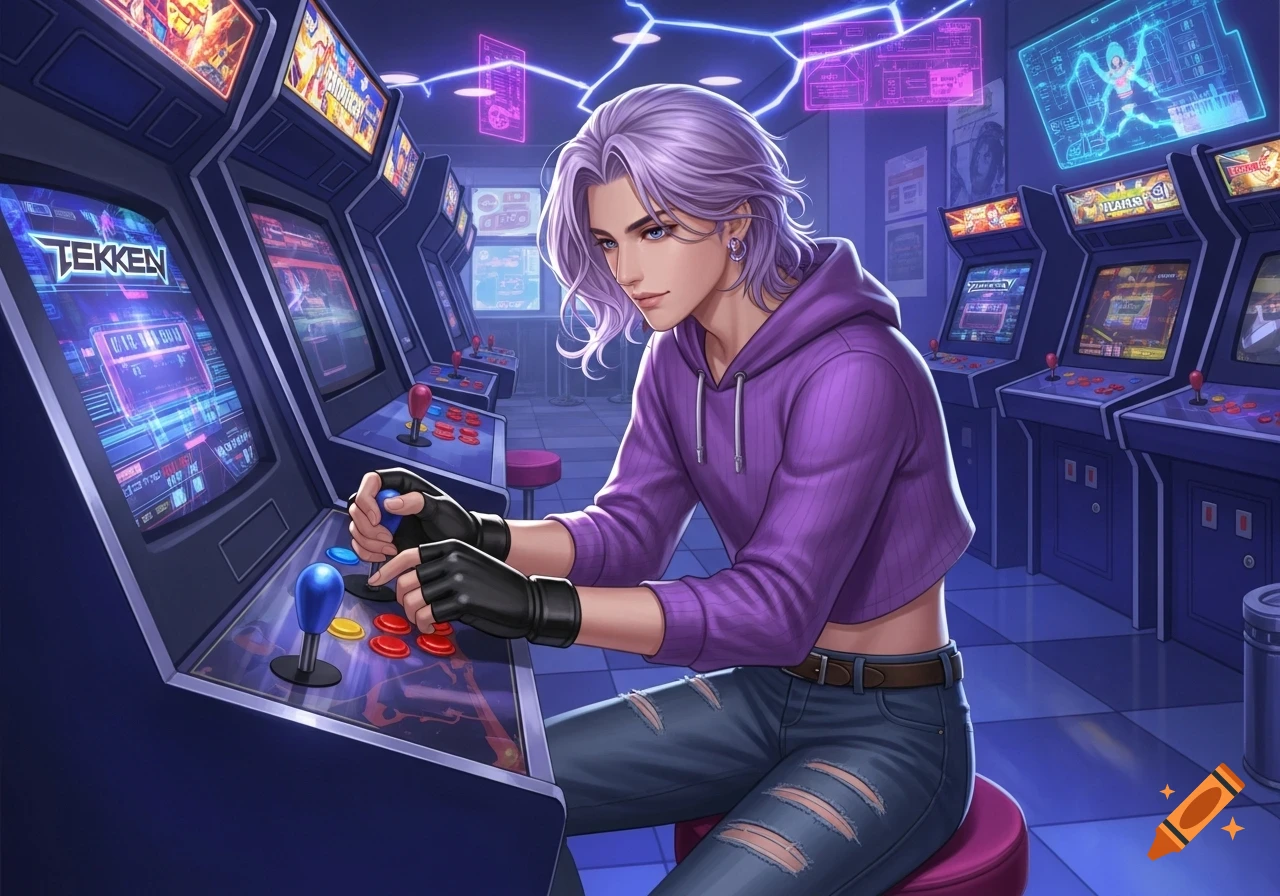 An anime-style person with purple hair plays a Tekken arcade game in a neon-lit arcade.