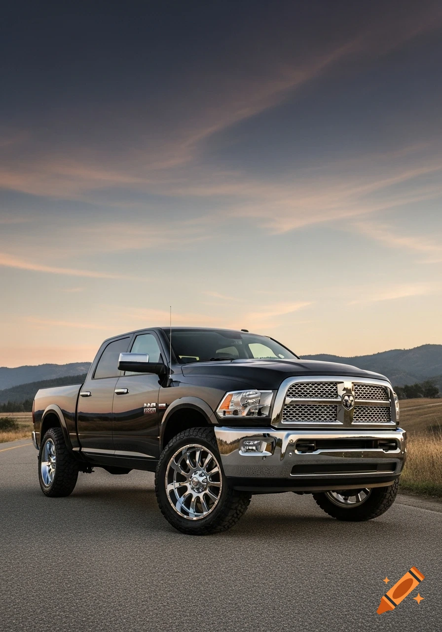 A black 2014 Dodge Ram 2500 pickup truck with chrome bumpers and grille on a paved road at sunset, mountains in the background.
