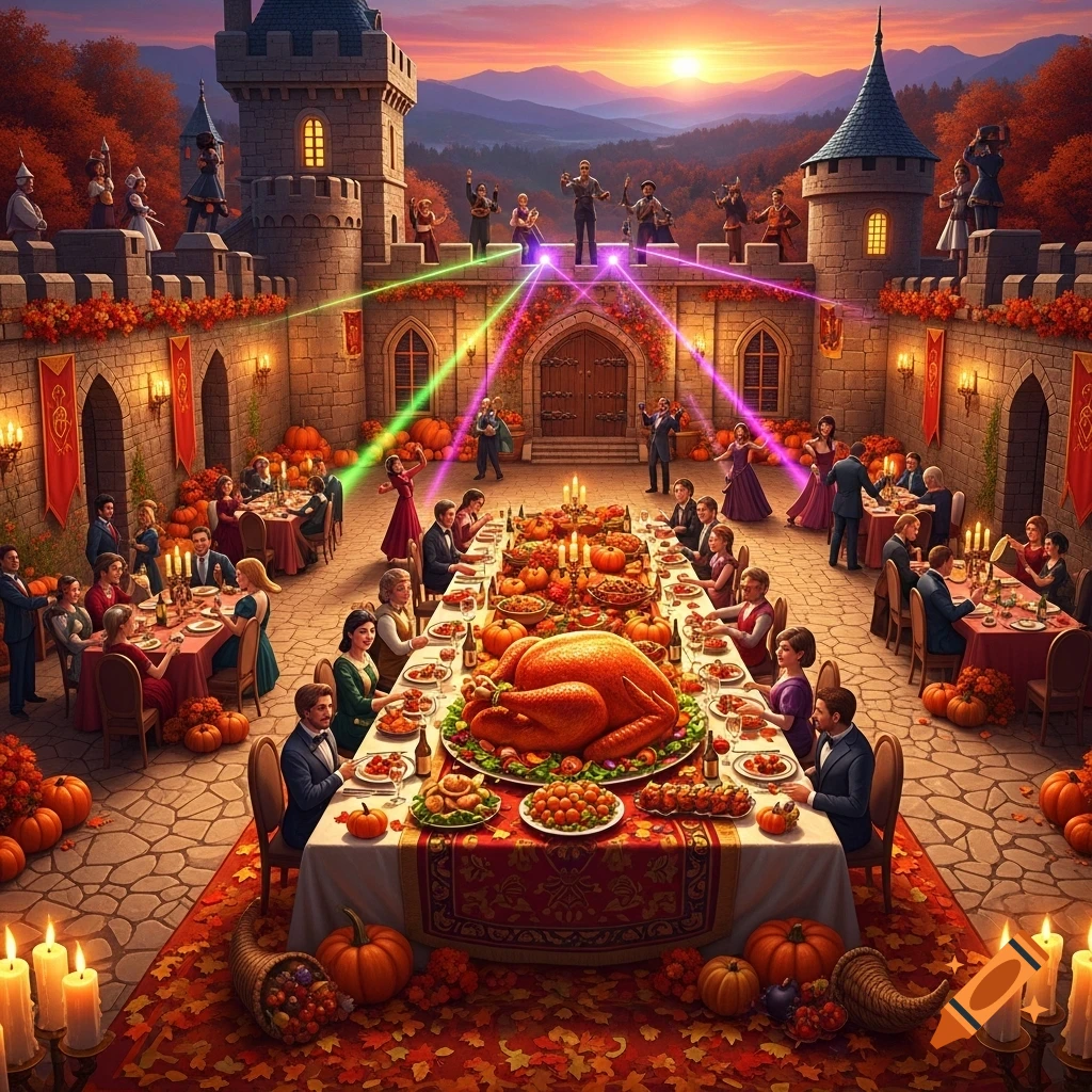 A festive Thanksgiving banquet in a castle courtyard at sunset, with a large roasted turkey, guests eating and dancing, pumpkins, and colorful laser lights.