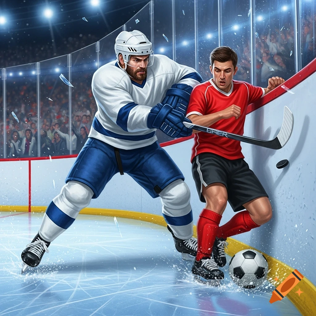 An ice hockey player in white and blue checks a player in a red shirt and black shorts into the boards, a soccer ball on the ice. Stylized illustration.