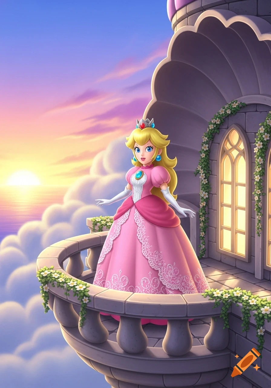 Princess Peach stands on a castle balcony adorned with flowers, overlooking a vibrant sunset over clouds, in a digital art style.