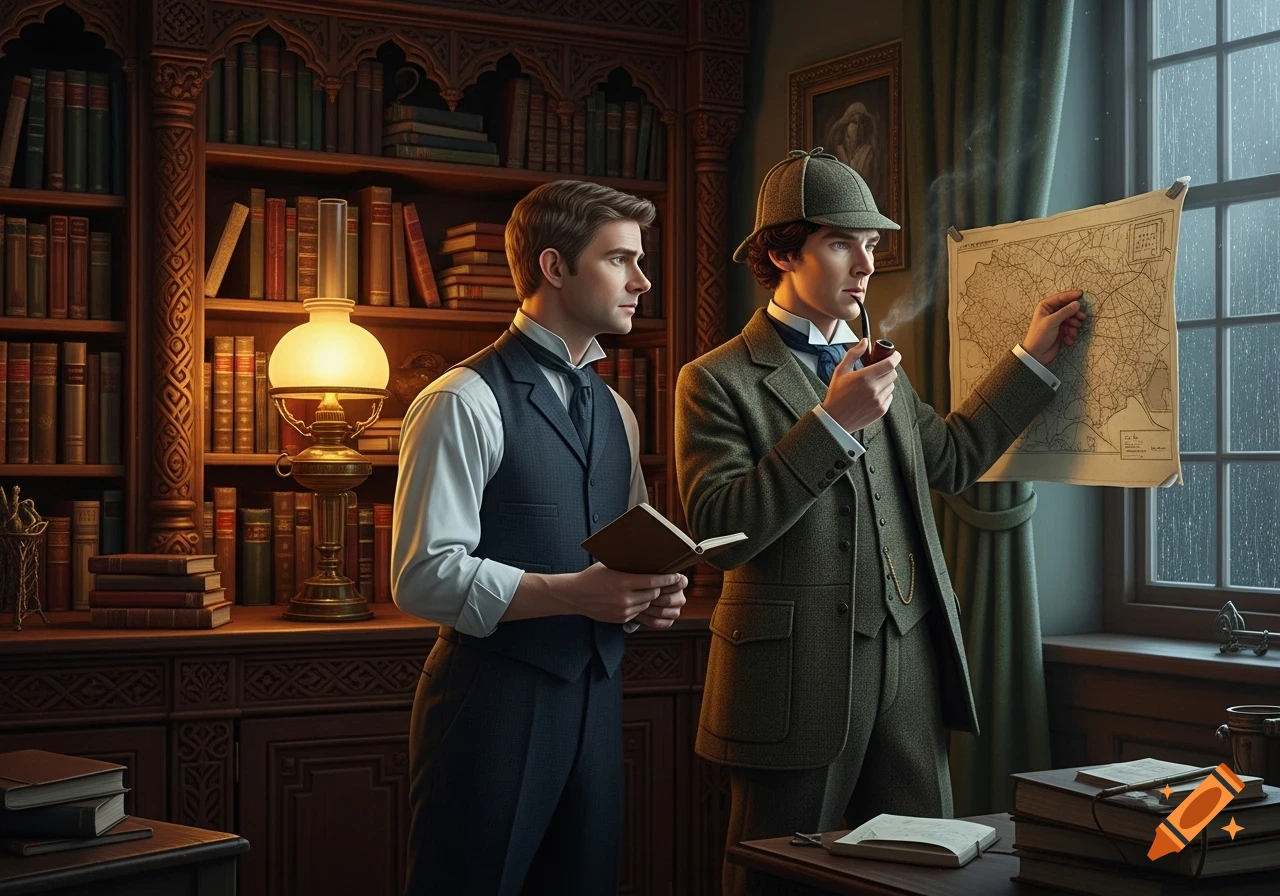 Two men, one in a deerstalker hat smoking a pipe and pointing at a map, the other holding a book, in a detailed Victorian study.