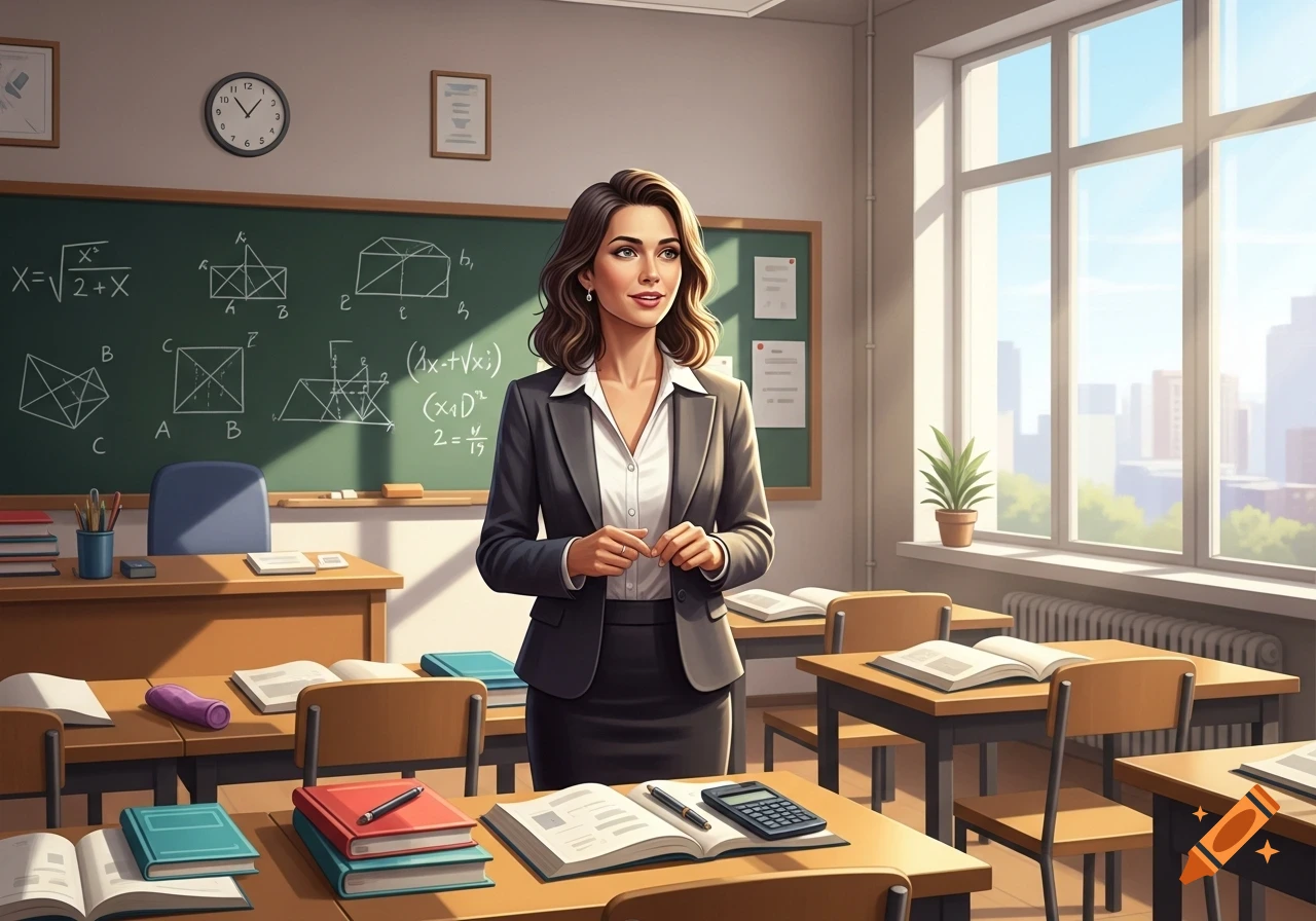 A smiling female math teacher in a suit stands in a sunlit classroom in front of a blackboard covered with equations and diagrams.