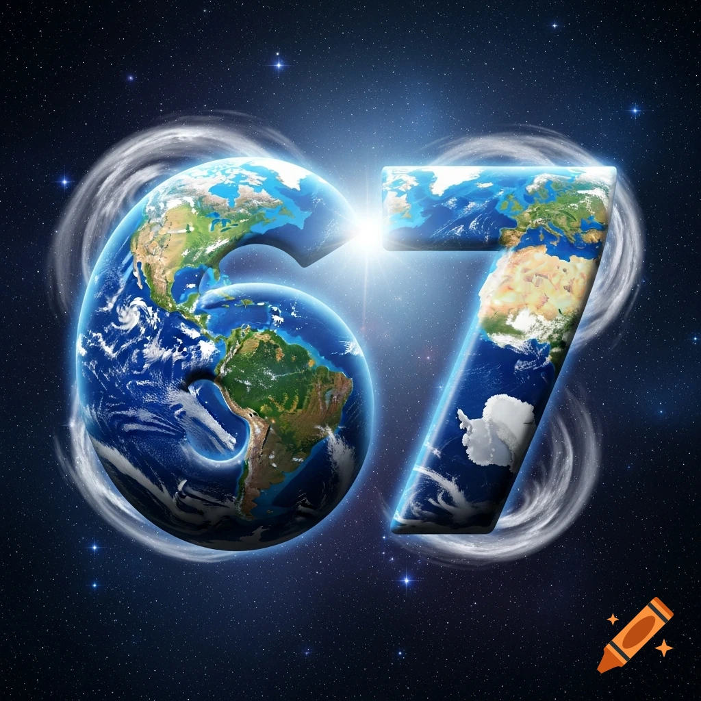 Bright, glowing numbers 6 and 7 shaped like the Earth, against a dark, starry space background.