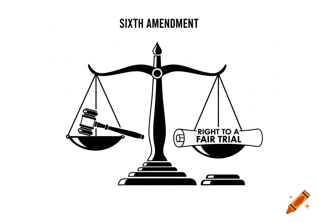 Black and white clip art of scales of justice with gavel and scroll, displaying 'SIXTH AMENDMENT' and 'RIGHT TO A FAIR TRIAL'.