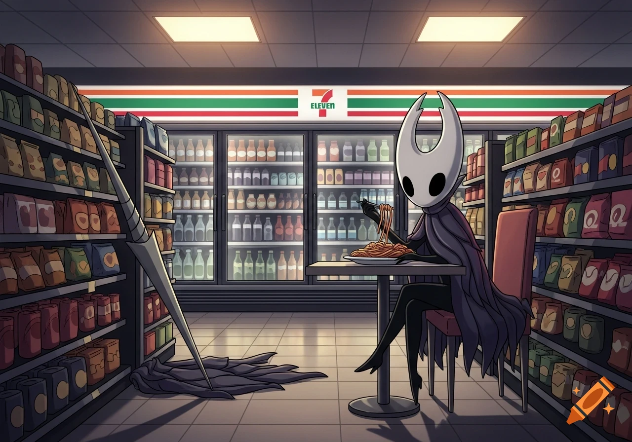 The Knight from Hollow Knight sits at a table eating spaghetti in a cartoon 7-Eleven convenience store.