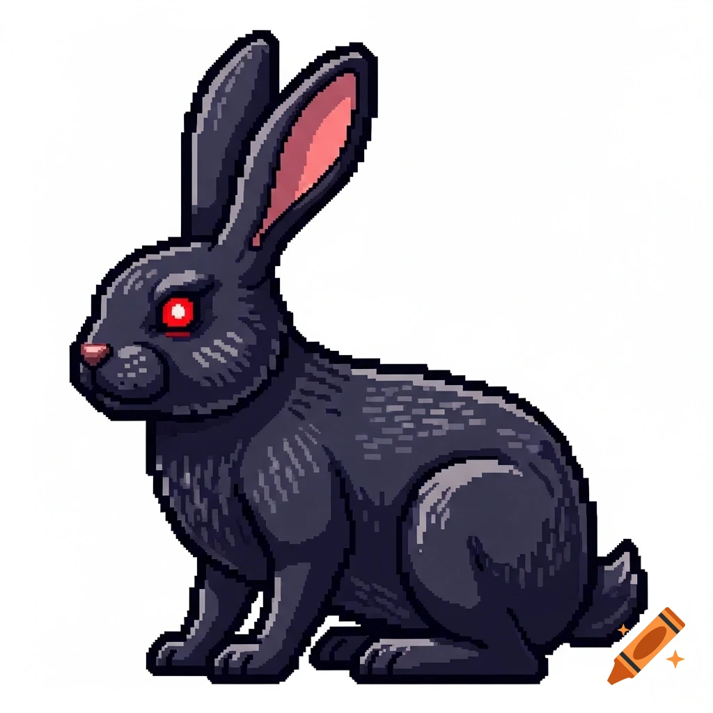 A pixel art black rabbit with glowing red eyes, sitting in a side view on a plain white background.