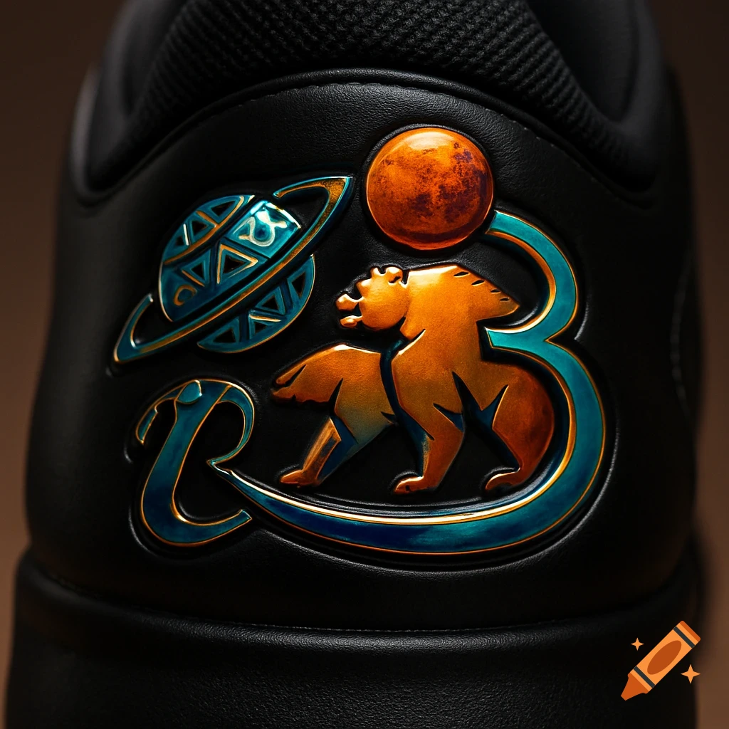 A close-up of a black leather basketball shoe heel featuring a metallic gold and teal logo with a planet, a bear, and stylized R and 3 characters.