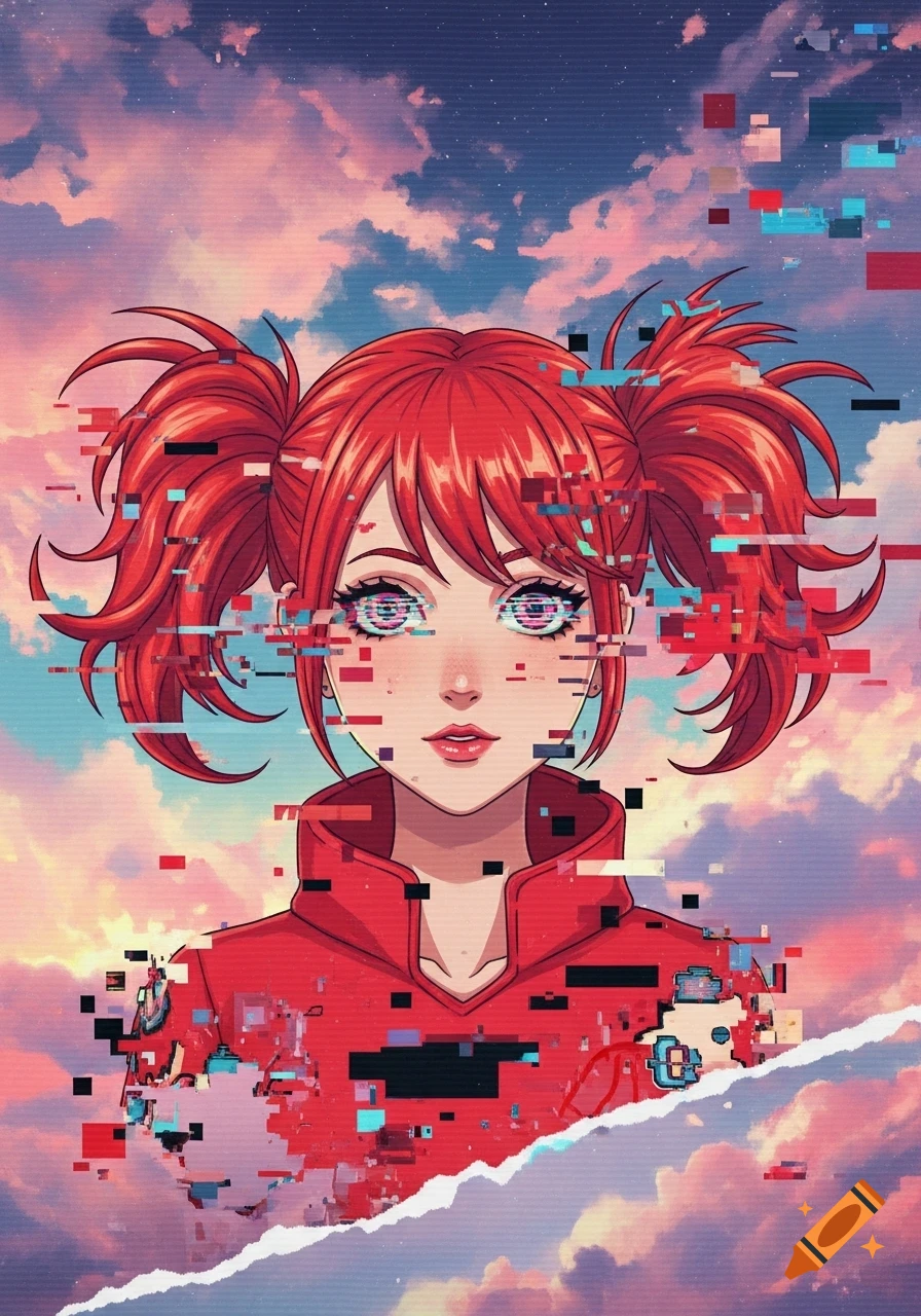 Anime girl with red pigtails and a red jacket against a cloudy sky, depicted with heavy digital glitch effects.