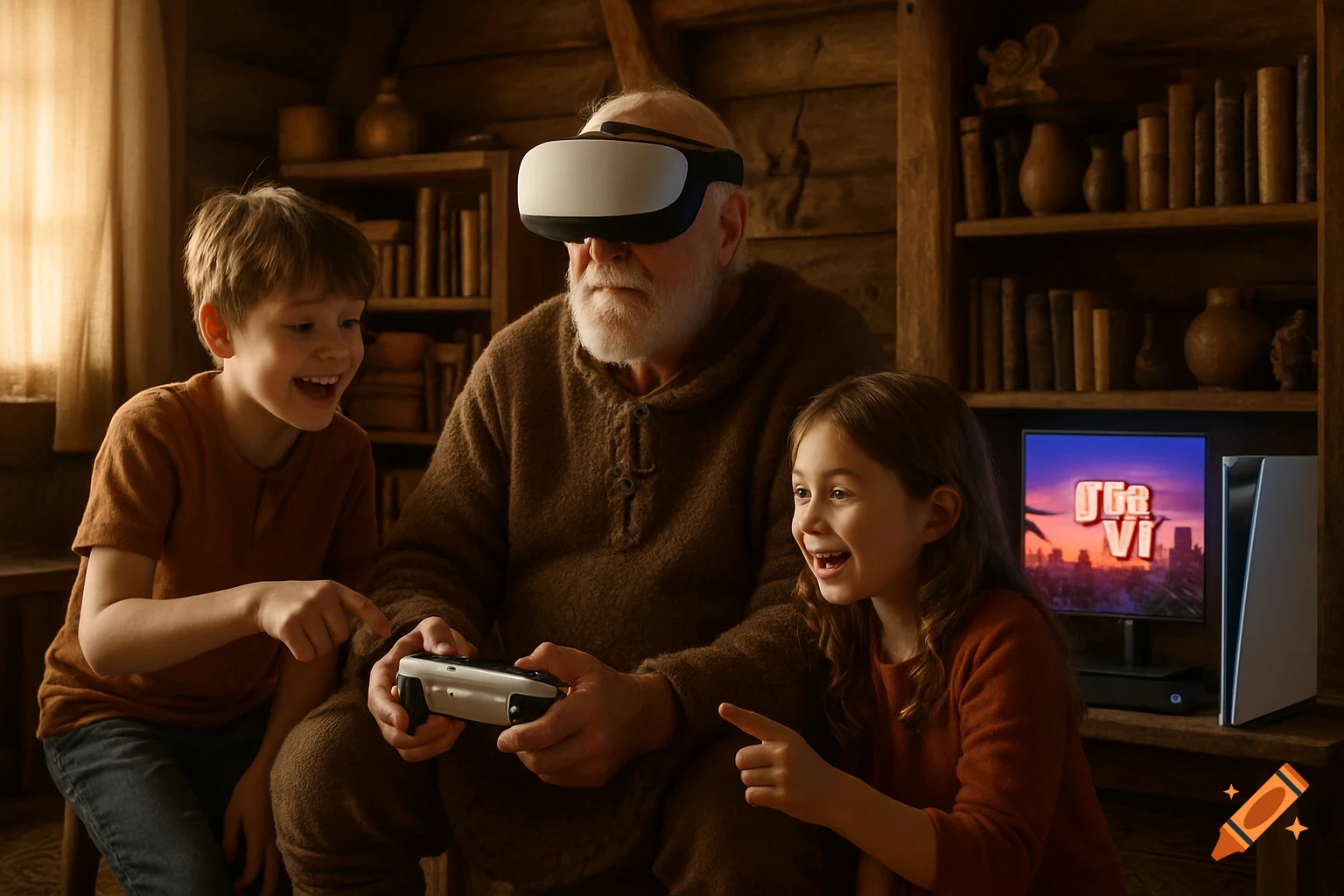 An older man wears a VR headset and holds a game controller, flanked by two smiling children pointing and watching him play a video game on a monitor in a rustic room.
