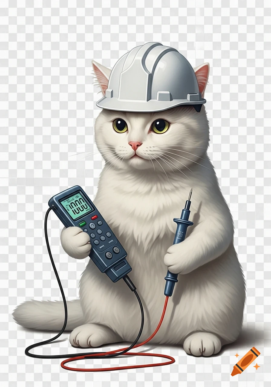 A fluffy white cat wearing a white hard hat holds a black multimeter and a blue probe. The background is transparent.