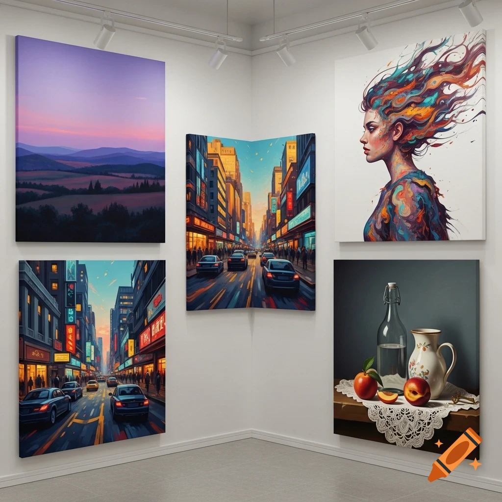 A brightly lit art gallery features five paintings: a purple landscape, two vibrant cityscapes, an abstract portrait of a woman, and a still life.