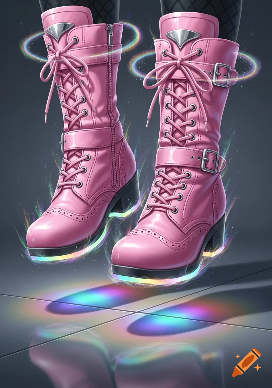 A pair of rose pink Victorian-style boots, enhanced with rainbow shimmer energy, levitate above a reflective tiled floor.