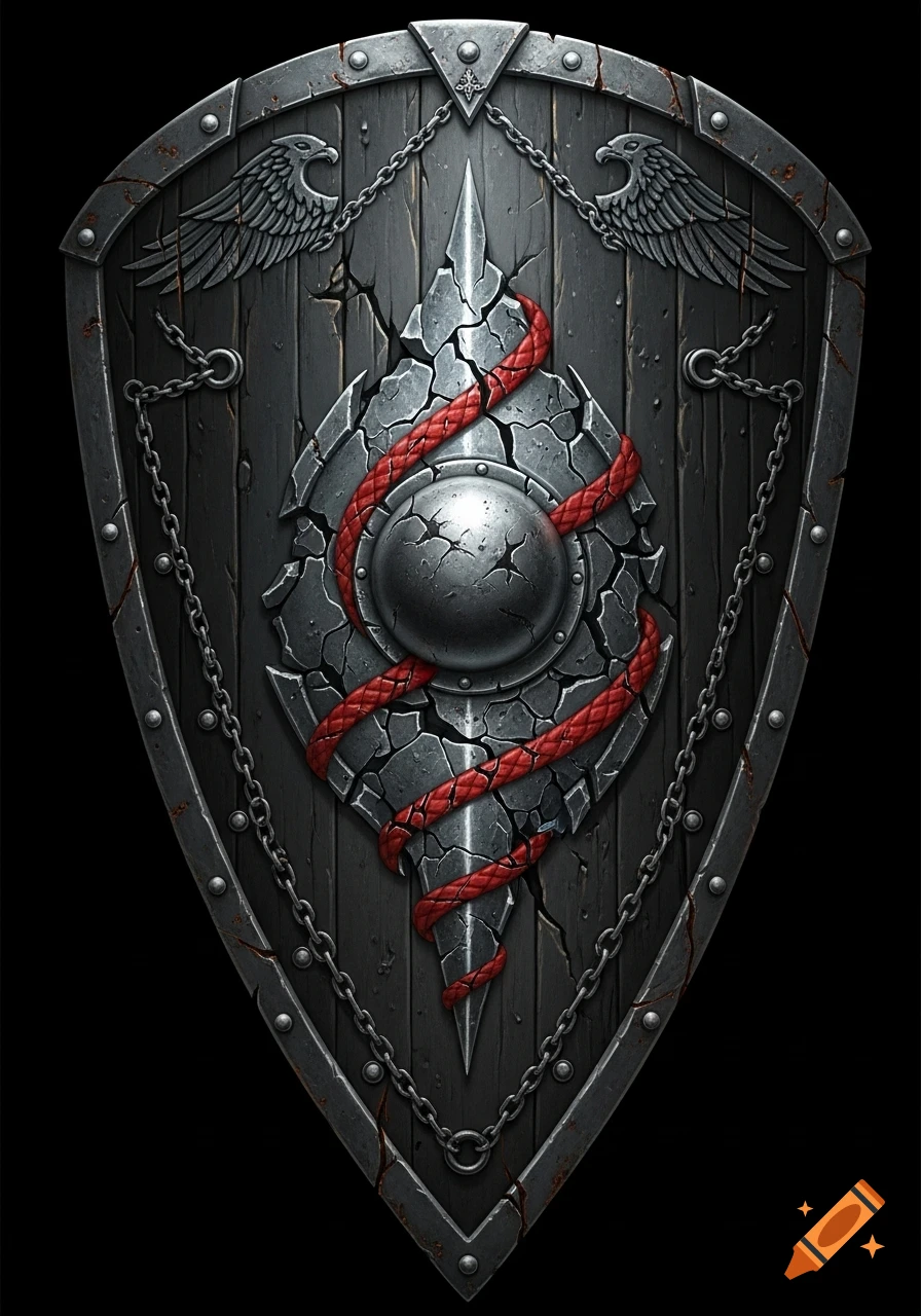 A dark gray medieval fantasy shield with a jagged silver teardrop, wrapped in a red cord, featuring chains and faint griffon feathers.