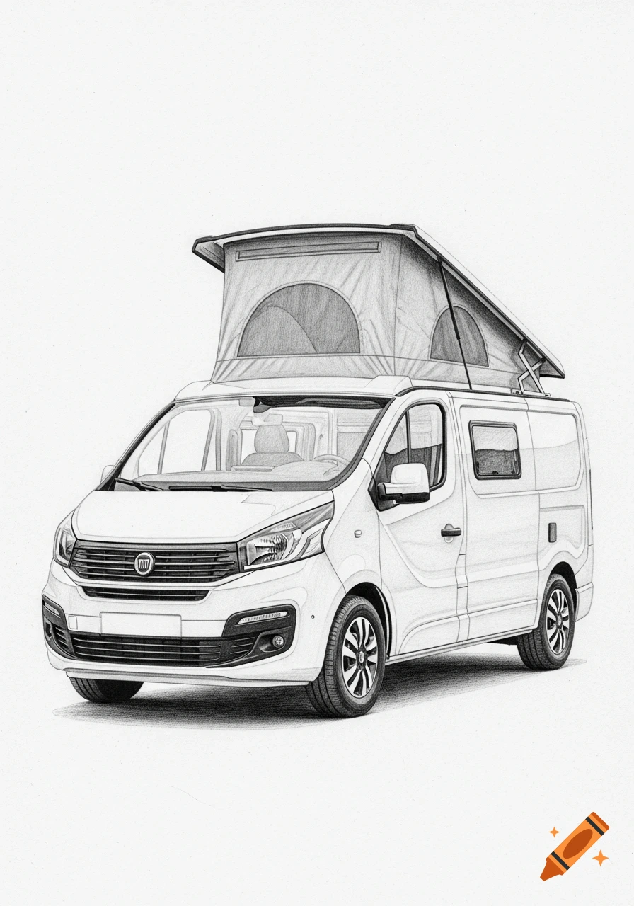 Detailed pencil drawing of a white Fiat camper van with a pop-up roof.