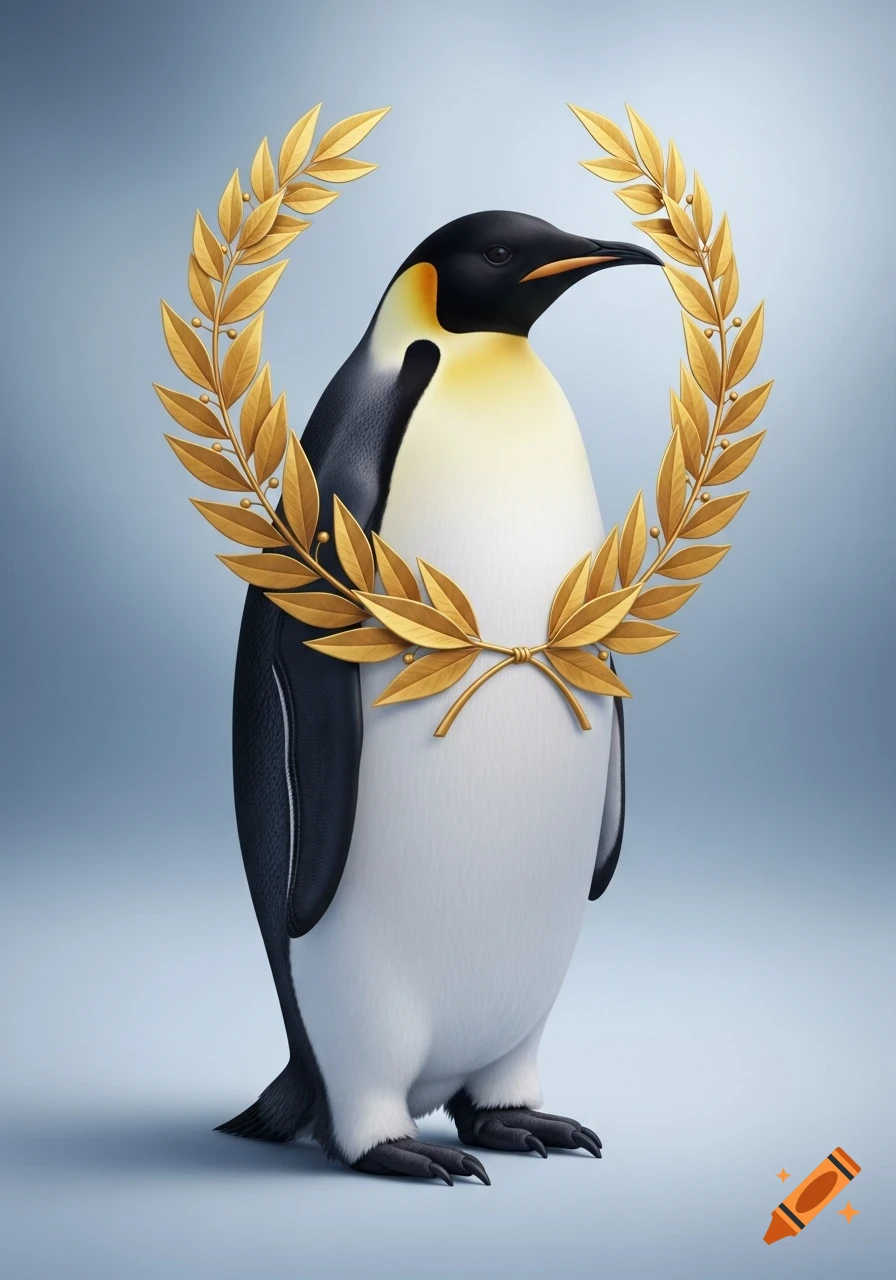 An emperor penguin stands adorned with a prominent golden laurel wreath against a soft blue background.