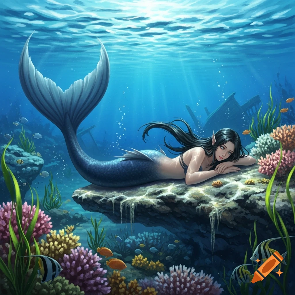 An illustration of a black-haired mermaid with a dark blue tail resting on a rock in a bright underwater scene with coral and fish.