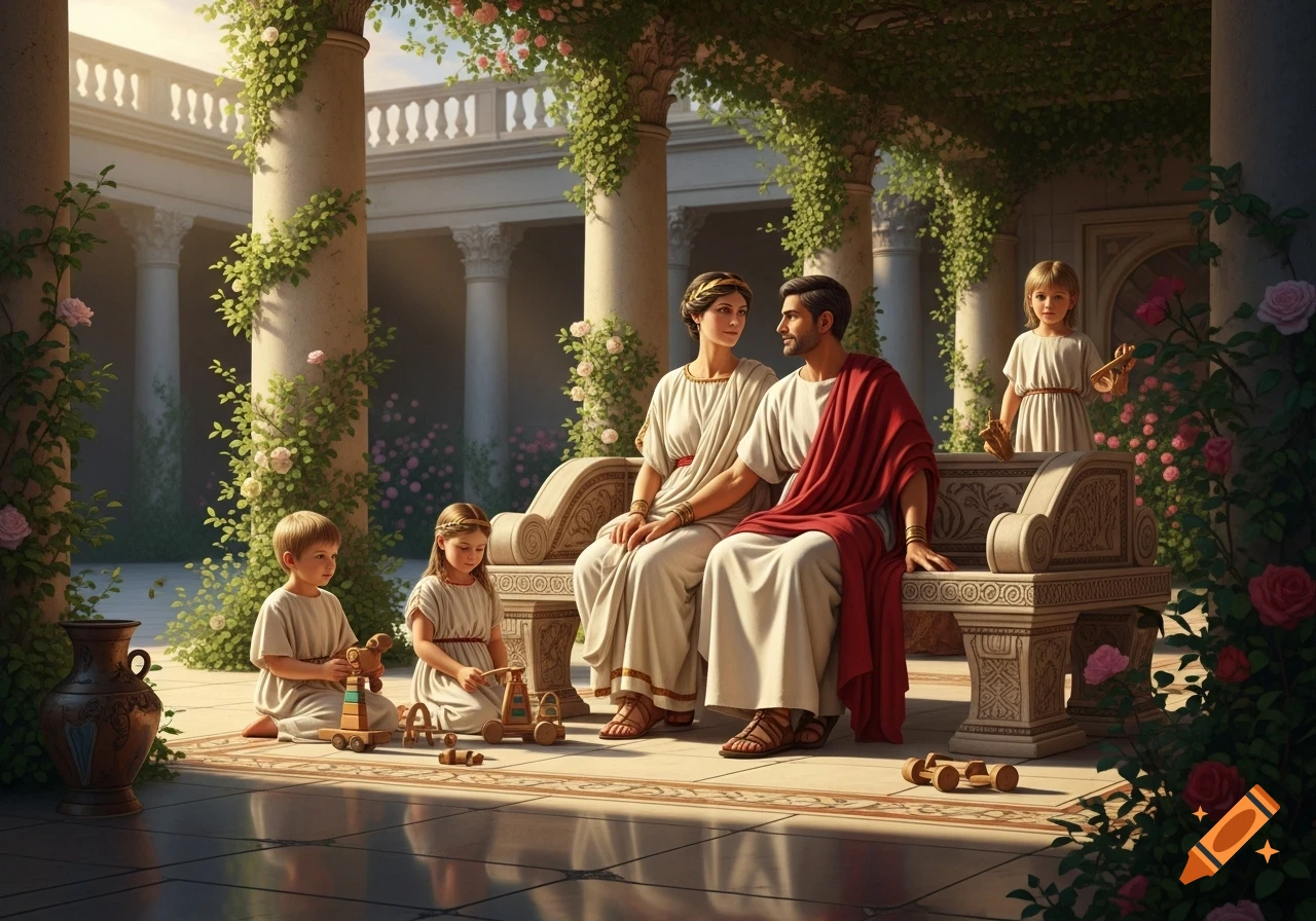 A realistic Roman family in a lush, columned courtyard with roses. Parents sit on a bench while children play with wooden toys.