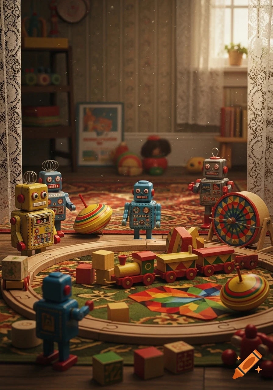A close-up of a vibrant collection of vintage toys including robots, a wooden train set on tracks, spinning tops, and colorful blocks, set in a cozy room.