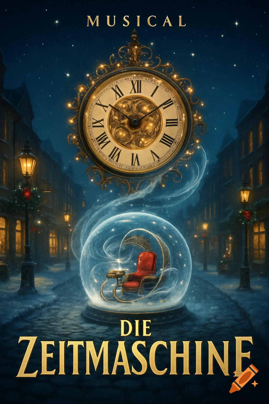 A poster for 'The Time Machine Musical' featuring a grand, ornate clock, a glowing time machine chair, and a snowy, gaslit street at night with Christmas decorations.