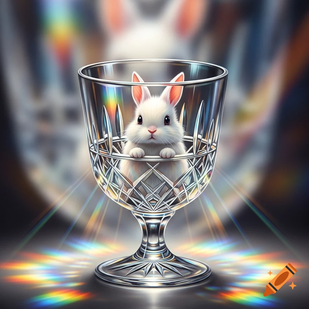 A fluffy white rabbit with pink ears sits inside an ornate crystal glass, surrounded by colorful light refractions.