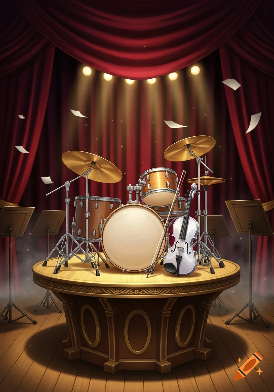 A vibrant illustration of a drum set, violin, and music stands on an ornate wooden stage with red curtains and spotlights.