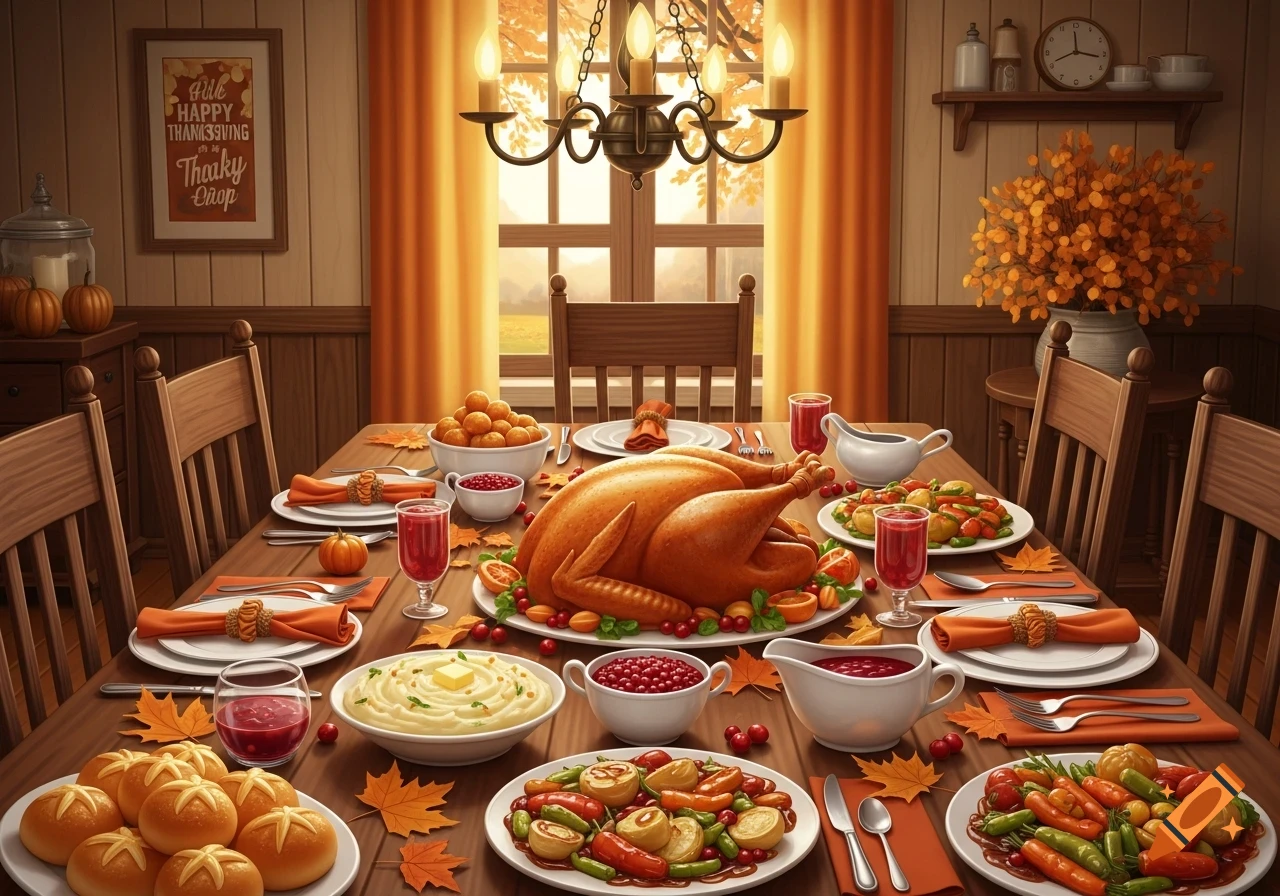 A festive Thanksgiving dinner table laden with a roasted turkey, mashed potatoes, rolls, vegetables, and drinks, set in a cozy dining room.