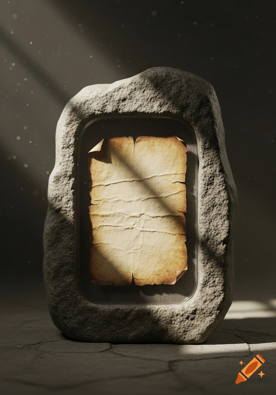 A rugged, dark stone tablet encasing a crumpled, aged piece of parchment, illuminated by diagonal light rays in a dim setting.