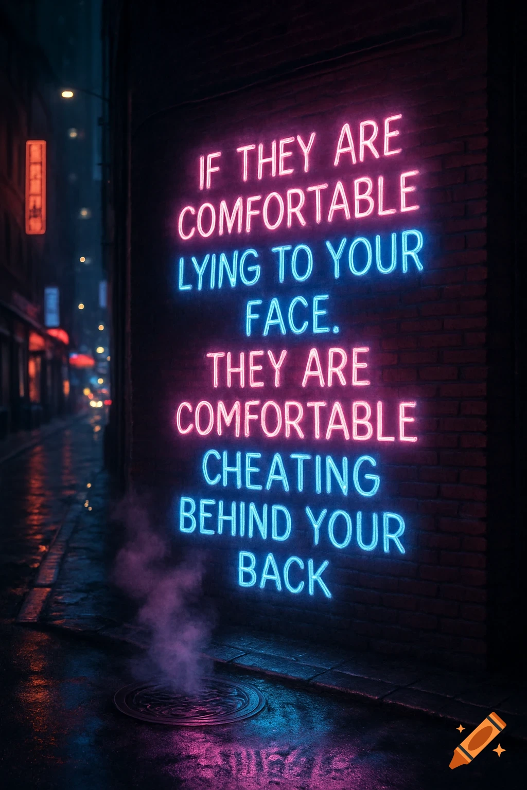A vibrant pink and blue neon sign on a brick wall in a dark, wet city street at night, with steam rising from a manhole.