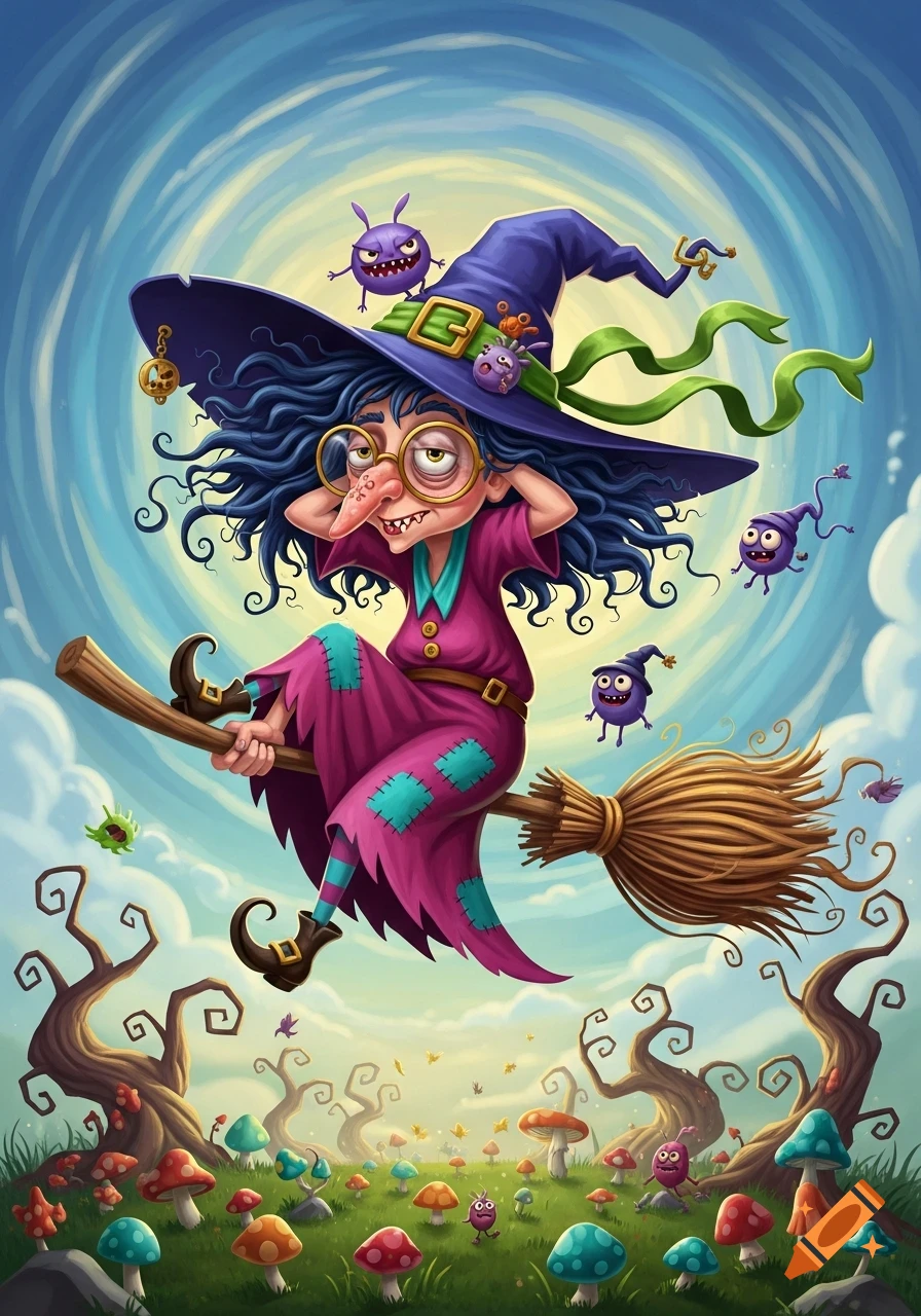 A cartoonish, exhausted witch with blue curly hair, glasses, and a purple patched dress flies on a broomstick over a magical mushroom forest with small purple creatures.