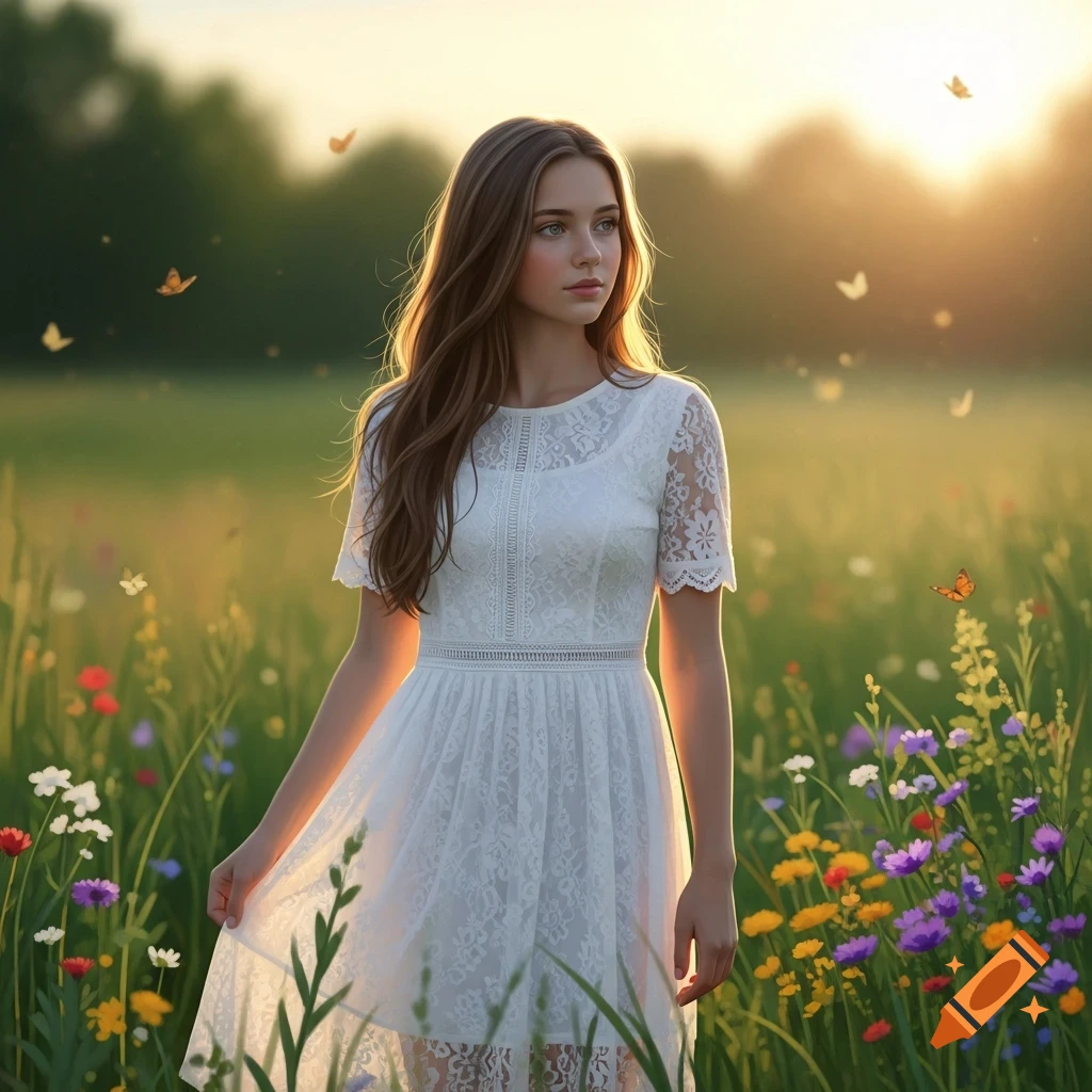 Young woman in a white lace dress stands in a sunlit field of ...