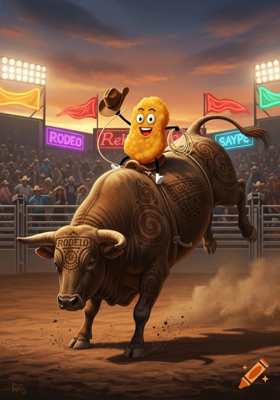 A cartoon chicken nugget with arms and legs, wearing a cowboy hat, rides a bucking bull in a rodeo arena. The crowd watches under a sunset sky.