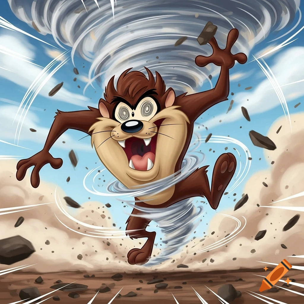 Cartoon of Taz, the Tasmanian Devil, spinning in a destructive tornado with rocks and dust flying around him.