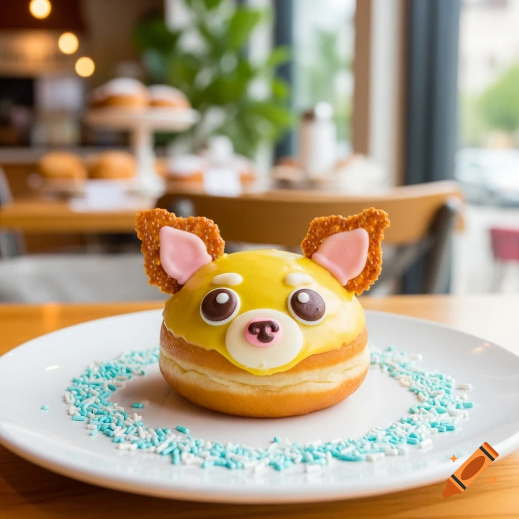 A yellow doughnut decorated to resemble a chihuahua's face, served on a white plate with blue and white sprinkles in a cafe.