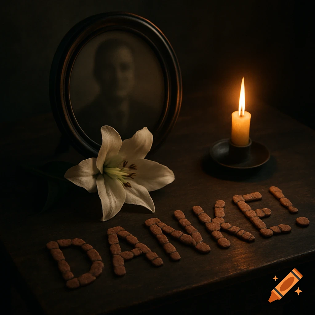 A photorealistic, somber still life showing a lit candle, a white lily, and a blurred framed photo on a dark table, with 'DANKE!' spelled out in biscuit letters.