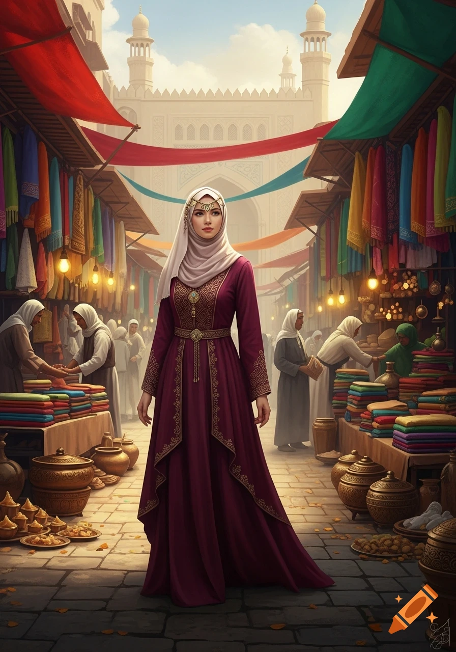 A woman in a maroon dress and hijab stands in a bustling Middle Eastern marketplace with colorful stalls.