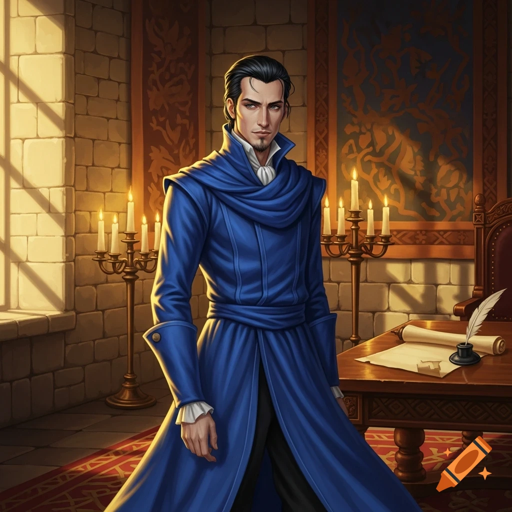 A man with dark slicked-back hair and a thin beard wears a royal blue surcoat in a stone room lit by candelabras.