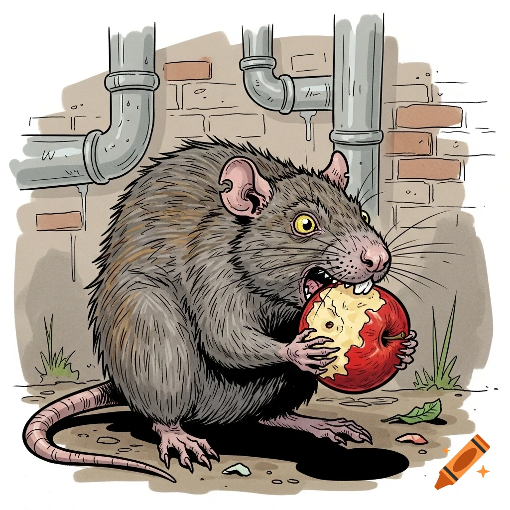 A comic-style sewer rat with big teeth eats a bitten red apple in front of pipes and a brick wall.