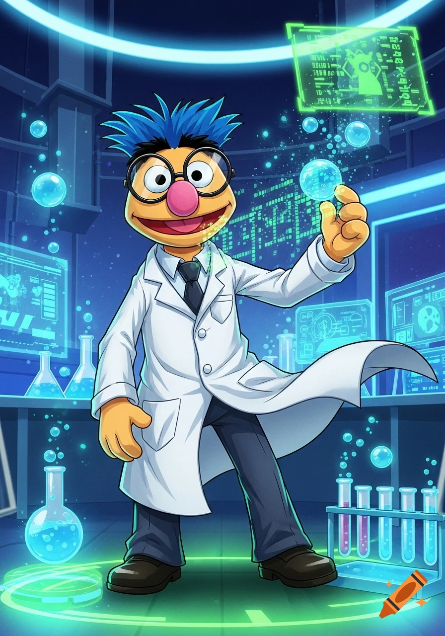 Bunsen Honeydew as an anime scientist in a glowing laboratory, holding a luminous blue orb.