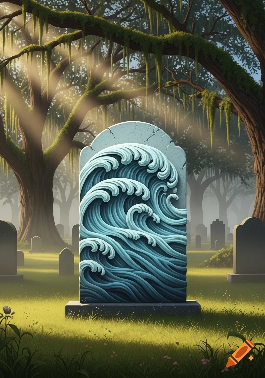 A tombstone carved with blue ocean waves stands in a misty graveyard with trees covered in Spanish moss.